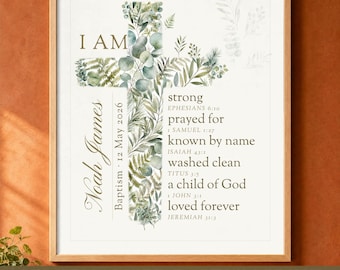 Personalized Baptism Gift Boy, Greenery Cross Print with Name, Christening First Communion Confirmation Keepsake, Bible Verse Art