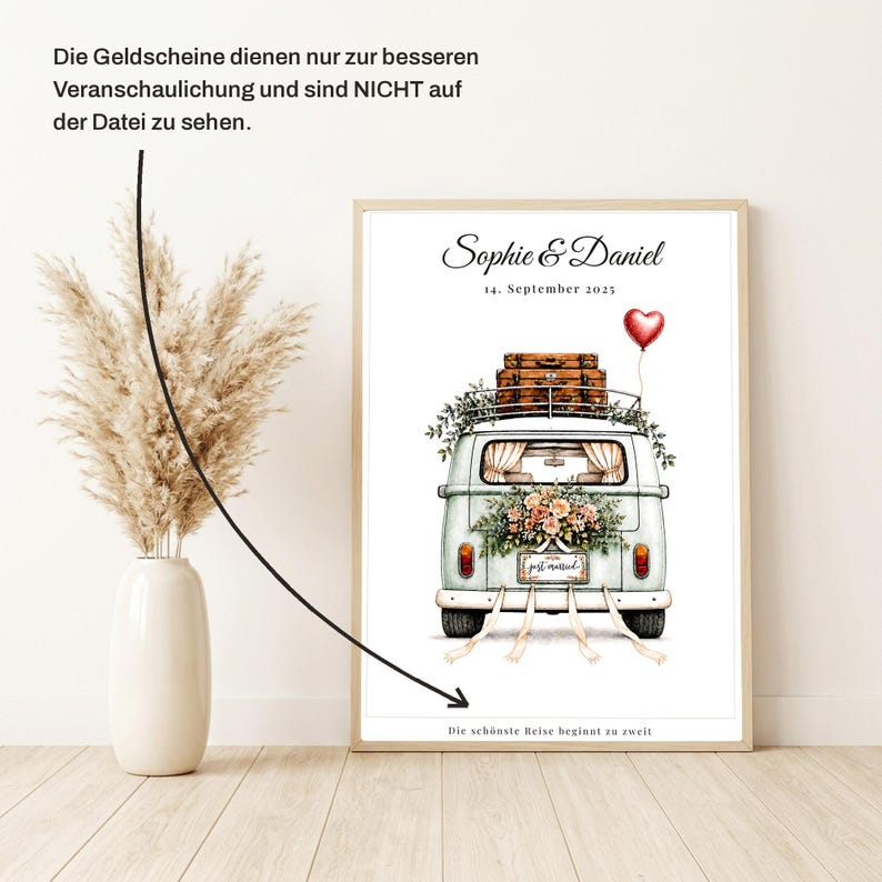 Geldgeschenk Hochzeit personalisiert | VW Bulli Camper Poster | Geldgeschenk Brautpaar | Digitaler Download A4 A3 image 2
