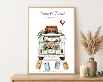 Geldgeschenk Hochzeit personalisiert | VW Bulli Camper Poster | Geldgeschenk Brautpaar | Digitaler Download A4 A3
