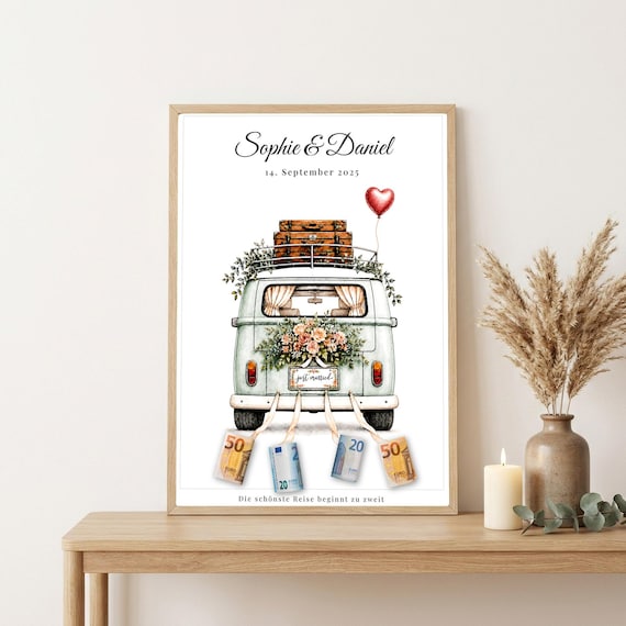 Geldgeschenk Hochzeit personalisiert | VW Bulli Camper Poster | Geldgeschenk Brautpaar | Digitaler Download A4 A3