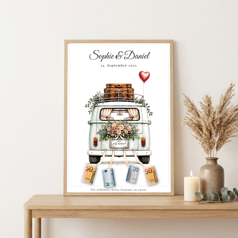 Geldgeschenk Hochzeit personalisiert | VW Bulli Camper Poster | Geldgeschenk Brautpaar | Digitaler Download A4 A3 image 1