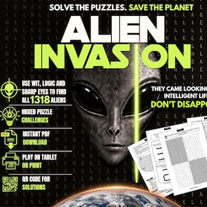 Op de afbeelding: Een digitaal puzzelspel getiteld ALIEN INVASION met een grijs alien-gezicht, een afbeelding van de aarde en tekst zoals SOLVE THE PUZZLES. SAVE THE PLANET, 1318 ALIENS en DON'T DISAPPOINT. Bevat iconen voor PDF-downloads en QR-codes.