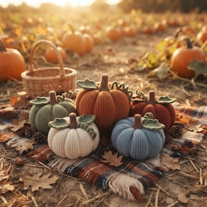 May include: A collection of five crocheted pumpkins in shades of sage green, cream, burnt orange, and dusty blue, each featuring a brown stem and green leaves. The pumpkins are arranged on a plaid blanket alongside a woven wicker basket.