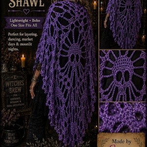 May include: A purple crochet shawl featuring an intricate openwork skull pattern. The garment is draped over the shoulders and displays a detailed web-like design with a central skull motif. The yarn has a subtle shimmer throughout the texture.