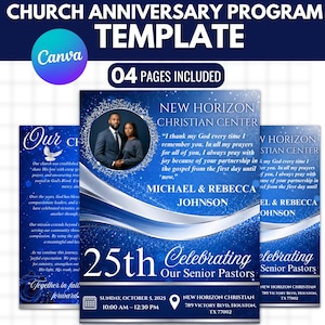 Canva-sjabloon voor het jubileumprogramma van de Royal Blue Church, 4 pagina's tellend, dubbelgevouwen programma ter ere van de pastor, programma voor de viering van het geloof, bewerkbaar in Canva.