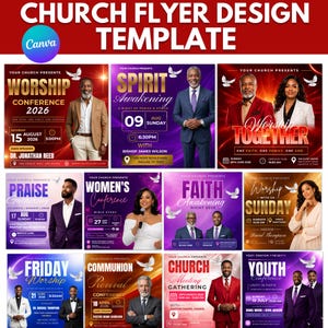 May include: A digital church flyer design template collection featuring eleven distinct layouts with portraits of speakers, event titles like Worship Conference and Spirit Awakening, dates, times, and location icons on colorful backgrounds.