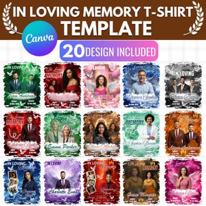 May include: A digital template collection featuring 20 In Loving Memory t-shirt designs. Each graphic includes space for a portrait, names, and dates, set against colorful backgrounds with clouds, wings, doves, and candles. Text includes In Loving Memory.
