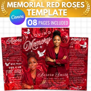 May include: A digital memorial template featuring red roses, white doves, and text including "In Loving Memory," "Aurora Smith," and "08 Pages Included." The design displays a person in a red blazer, dates, and service details on a red background.