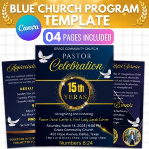 May include: A blue and gold church program template featuring the text Pastor Celebration, 15th YERAS, and details for an event on March 14, 2026. The design includes white dove graphics, a gold glitter circle, and four pages included text.