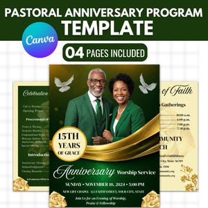 Peut inclure: Un modèle de programme d'anniversaire pastoral avec un fond vert foncé et des accents dorés. Le design inclut la photo d'un couple souriant, deux colombes blanches et le texte 15th Years of Grace, Anniversary Worship Service, et Sunday November 10, 2024.