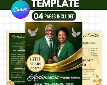 Könnte beinhalten: Eine Vorlage für ein pastorales Jubiläumsprogramm mit dunkelgrünem Hintergrund und goldenen Akzenten. Das Design zeigt ein Foto eines lächelnden Paares, zwei weiße Tauben und den Text 15th Years of Grace, Anniversary Worship Service und Sunday November 10, 2024.