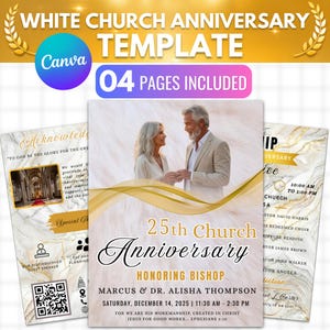 Church Anniversary Program Canva Template,White Gold Church Anniversary Bulletin,Editable Bifold 8.5x11 Design,Anniversary Faith Celebration