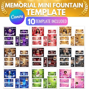 May include: A digital memorial mini fountain template set featuring 10 distinct designs in various colours including purple, red, gold, blue, and green. Each template includes placeholders for photos, names, dates, and text like In Loving Memory.