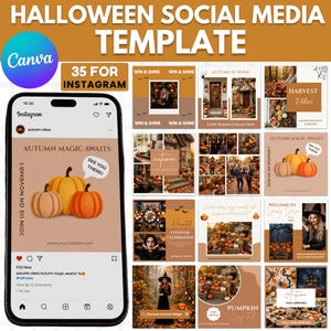 Halloween Social Media Templates, Instagram Canva Template, Editable Halloween Post Bundle, Autumn Marketing Kit, Fall Content Pack