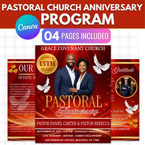 4 Rode Canva-sjabloon voor een programma ter ere van het pastoraal jubileum, dubbelgevouwen kerkdienst, viering van de pastor en de first lady, digitale download