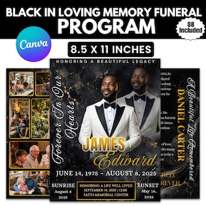 May include: A black and gold funeral program template measuring 8.5 x 11 inches. The design features a portrait of a person in a white tuxedo, the text "Forever In Our Hearts," "JAMES Edward," and "JUNE 14, 1975 – AUGUST 8, 2025" on a marble background.