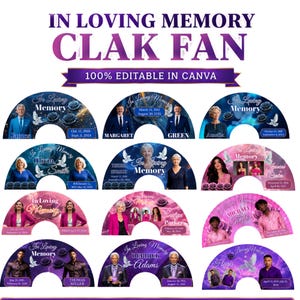 May include: A collection of twelve semi-circular fan templates for memorial services, featuring the text In Loving Memory. Each design includes space for personal photographs, names, dates, and decorative elements like roses, doves, and clouds.