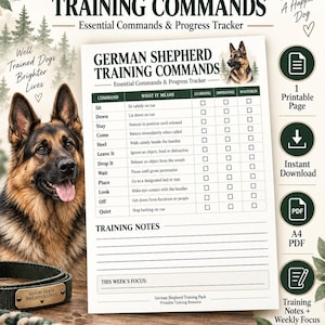 Peut inclure: Une page imprimable de suivi des commandes et des progrès pour Berger Allemand, incluant une liste de commandes comme Sit, Down et Stay avec des cases à cocher pour le statut d'apprentissage, ainsi qu'une section pour les notes et objectifs.