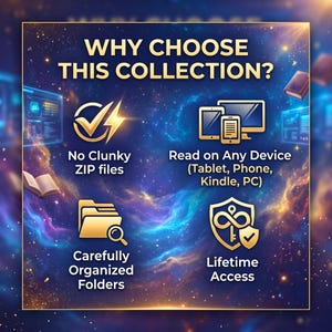 May include: A digital information graphic titled WHY CHOOSE THIS COLLECTION? against a cosmic nebula background. It features four gold icons with text: No Clunky ZIP files, Read on Any Device, Carefully Organized Folders, and Lifetime Access.