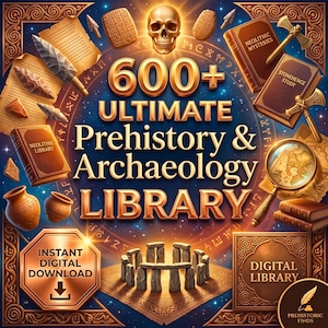 May include: A digital collection titled 600+ Ultimate Prehistory & Archaeology LIBRARY featuring a central skull, stone tools, ancient scrolls, books, a magnifying glass, and a stone circle. The graphic includes text for Instant Digital Download.