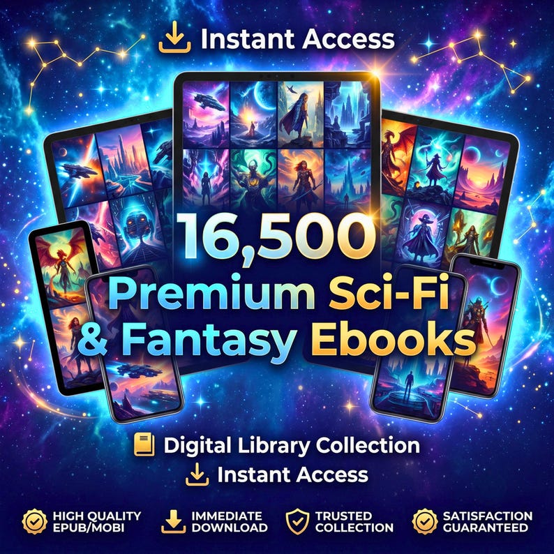 May include: A digital collection of 16,500 premium sci-fi and fantasy ebooks displayed on multiple tablet and smartphone screens against a vibrant cosmic background with stars and constellations. Text includes Instant Access and Digital Library.
