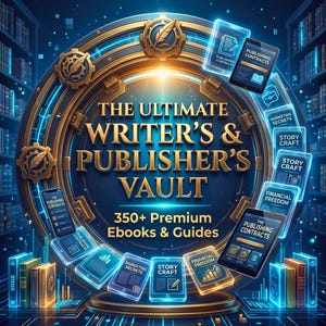 May include: A digital graphic titled The Ultimate Writer's & Publisher's Vault 350+ Premium Ebooks & Guides, featuring a large golden gear emblem with a quill, surrounded by glowing blue tablet icons displaying text like Publishing Contracts.