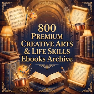 May include: A digital graphic featuring the text 800 PREMIUM CREATIVE ARTS & LIFE SKILLS EBOOKS ARCHIVE. The image displays an open book, stacks of vintage books, music sheets, a copper pot, a whisk, a paint palette, and brushes.