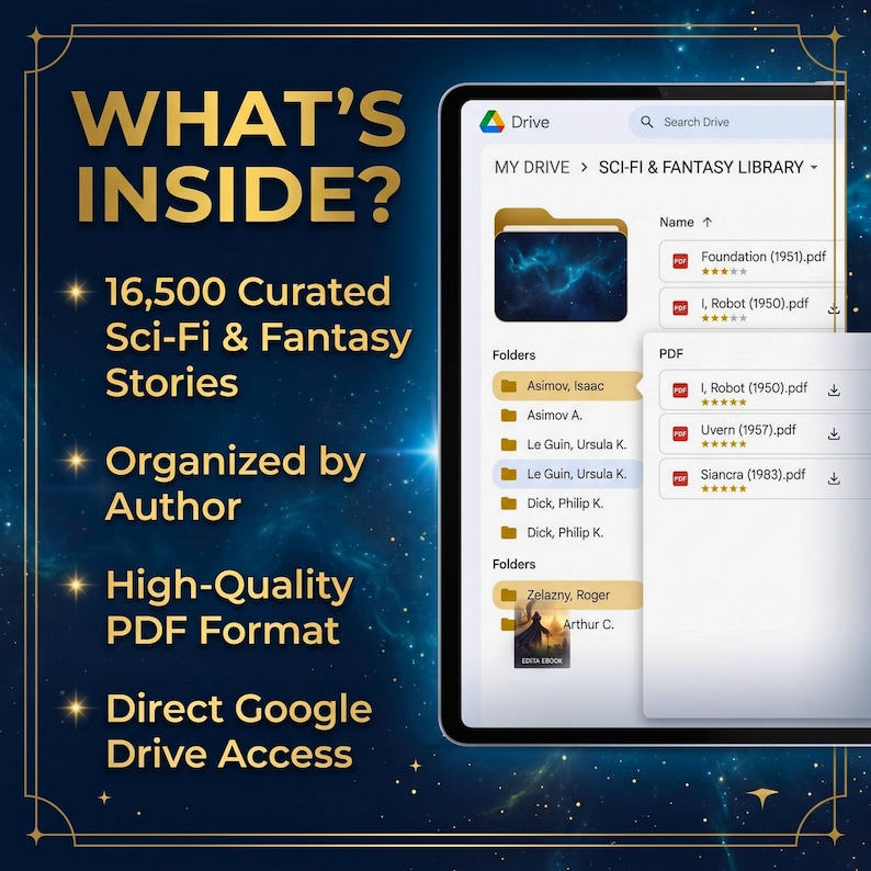 May include: A digital display showing a Google Drive interface titled Sci-Fi & Fantasy Library with folders for authors like Asimov and Le Guin. Text reads: What's Inside? 16,500 Curated Sci-Fi & Fantasy Stories, Organized by Author, High-Quality PDF Format, Direct Google Drive Access.