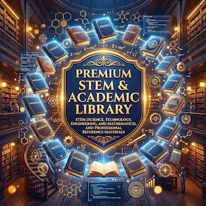May include: A digital illustration featuring a central shield with the text PREMIUM STEM & ACADEMIC LIBRARY, surrounded by floating books labeled with subjects like Physics, Mathematics, and Algorithms, set against a grand library background.