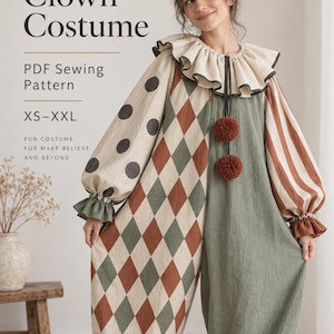 May include: An adult clown costume PDF sewing pattern featuring a loose-fitting jumpsuit with a ruffled collar, long sleeves, and two pom-poms. The garment displays a mix of diamond, polka dot, and striped patterns in muted green, cream, and brown.