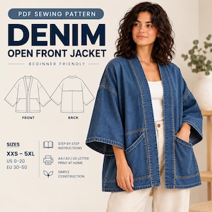 Peut inclure: Un patron de couture PDF pour une veste en jean ouverte sur le devant. L'image affiche le texte 'DENIM OPEN FRONT JACKET', 'BEGINNER FRIENDLY' et 'SIZES XXS-5XL'. Elle inclut un dessin au trait du devant et du dos de la veste et des icônes.