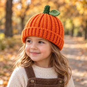 Può includere: Un berretto all'uncinetto color arancione brillante caratterizzato da una consistenza a coste e un piccolo stelo verde con una singola foglia attaccata sulla parte superiore. Il cappello ha un bordo spesso ripiegato e un motivo a maglia.