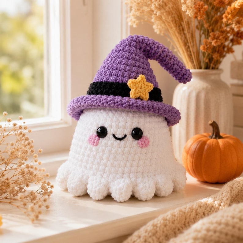 Puede incluir: Un juguete de peluche de fantasma tejido a ganchillo en color blanco con un sombrero de bruja morado, una banda negra y una peque&ntilde;a estrella amarilla. El fantasma tiene dos ojos negros circulares, una sonrisa negra y mejillas rosadas.