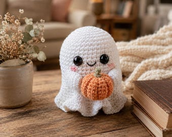 Patrón de ganchillo PDF de fantasma de calabaza acogedor, patrón de fantasma amigurumi de Halloween, decoración de ganchillo de otoño, descarga digital de peluche de fantasma de calabaza adorable