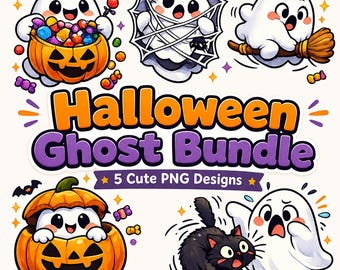 Halloween Ghost PNG Bundle: 5 Cute Pumpkin, Broom & Black Cat Sublimation Designs
