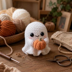 Patrón de ganchillo PDF de fantasma de calabaza acogedor, patrón de fantasma amigurumi de Halloween, decoración de ganchillo de otoño, descarga digital de peluche de fantasma de calabaza adorable imagen 4