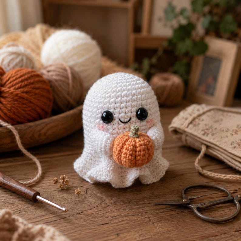 Patrón de ganchillo PDF de fantasma de calabaza acogedor, patrón de fantasma amigurumi de Halloween, decoración de ganchillo de otoño, descarga digital de peluche de fantasma de calabaza adorable imagen 4