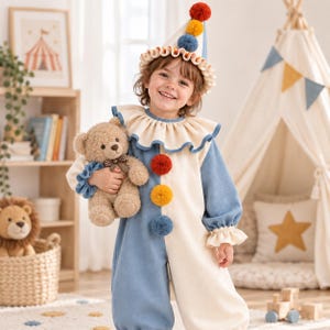 Könnte beinhalten: Ein zweifarbiges blau-cremefarbenes Clownskostüm mit Rüschenkragen, langen Ärmeln mit Rüschenbündchen und drei Pompons auf der Vorderseite. Der passende kegelförmige Hut hat einen gerüschten Rand und einen roten Pompon an der Spitze.