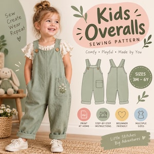 May include: A sewing pattern for kids overalls featuring a sage green garment with two wooden buttons and a floral embroidered pocket. The design includes text: Kids Overalls Sewing Pattern, Sew Create Wear Repeat, and Little Stitches Big Adventures.