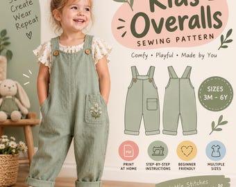 Naaipatroon PDF voor een peuteroverall - Babyrompertje en kinderoveralls, eenvoudig patroon voor beginners, maat 3 maanden t/m 6 jaar