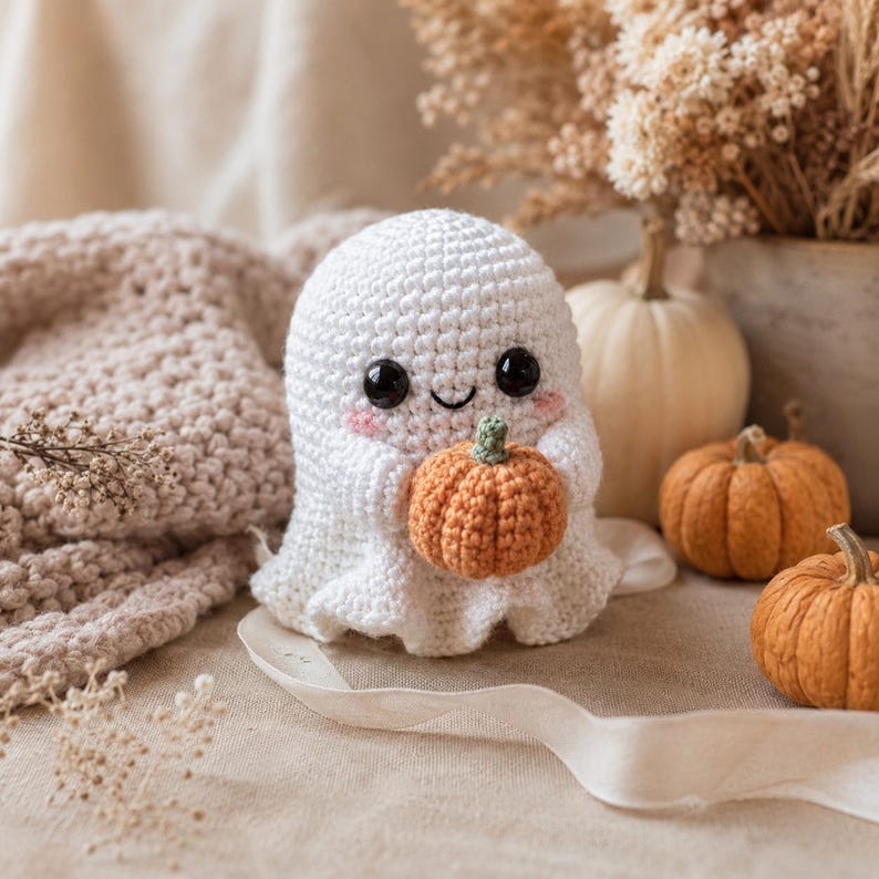 Puede incluir: Una figura de fantasma tejida a ganchillo en color blanco con ojos de seguridad negros, una peque&ntilde;a sonrisa bordada y mejillas rosadas, sosteniendo una peque&ntilde;a calabaza tejida en naranja con un tallo verde. Tiene cabeza redondeada.