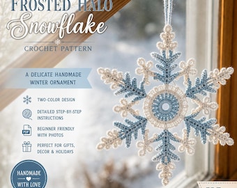Crochet Snowflake Pattern PDF, Christmas Window Ornament, Winter Holiday Decor, Two-Tone Hanging Snowflake Tutorial
