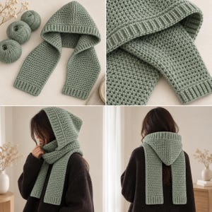 May include: A sage green hooded scarf featuring a textured crochet stitch pattern with ribbed edges along the hood and scarf ends. The accessory is shown in multiple views, including flat with yarn balls and worn over a dark sweater.