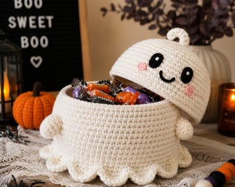 Patrón de ganchillo en PDF para cesta de dulces con forma de fantasma, cuenco para dulces de Halloween con tapa, cesta de almacenamiento con forma de fantasma adorable, decoración de otoño (descarga digital)