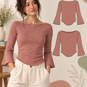 Pode incluir: Uma blusa de manga comprida em rosa seco com um decote barco largo e mangas largas em sino. A peça apresenta uma bainha curva com acabamento de borda ondulada. Estão incluídas duas ilustrações técnicas da frente e das costas da blusa.