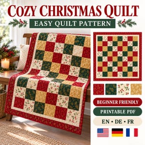 Christmas Quilt Pattern PDF - Easy Beginner Patchwork Quilt - English German French Digital Sewing Pattern