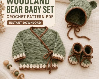 Häkelanleitung für ein Baby-Set mit Waldbärmotiv (PDF), bestehend aus Baby-Strickjacke, Mütze und Schühchen, 0–3 Monate, geschlechtsneutrales Neugeborenen-Outfit.