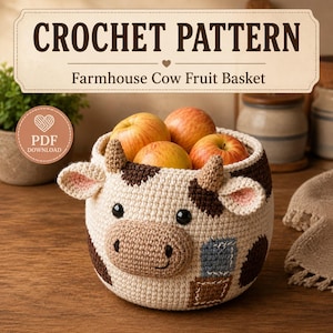 Virkmönster för fruktkorg med bondgårdsko i PDF-format, virkad ko-korg, amigurumi-förvaringskorg, mönster för fruktskål till kök