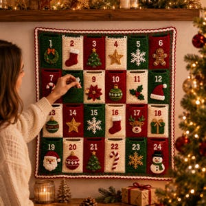May include: A square crochet advent calendar featuring twenty-four numbered pockets in alternating red, green, and cream colors. Each pocket displays a unique holiday-themed applique, including stockings, trees, stars, snowflakes, and characters.