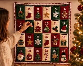 Christmas Advent Calendar Crochet Pattern PDF, 24 Pocket Wall Hanging, Christmas Countdown Crochet, Holiday Decor Pattern